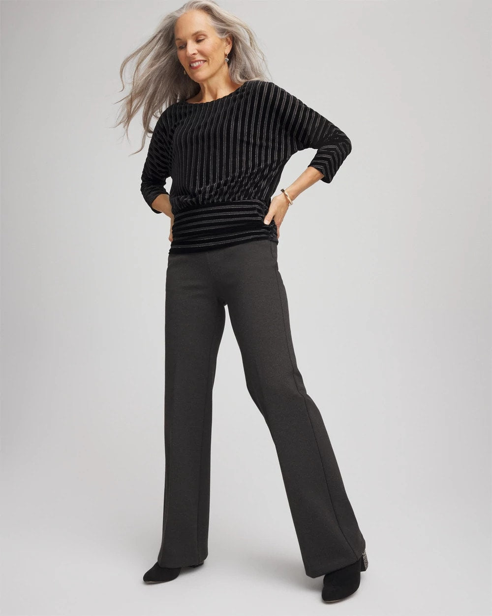 Chico's Classic - Petite Juliet Wide Full-Length Ponte Pants Graphite Heather Gray
