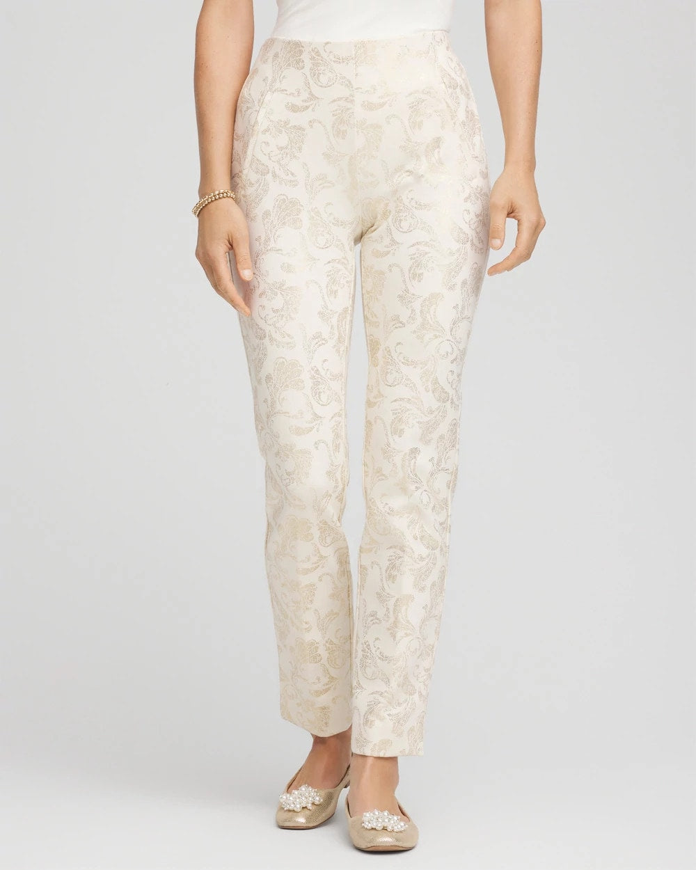 Chico's Best Seller - Juliet Golden Foiled Slim Ankle Pants English Cream