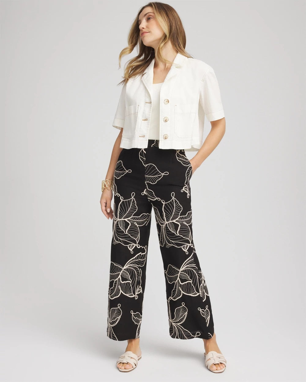 Chico's Signature - Embroidered Wide-Leg Cropped Pants Black
