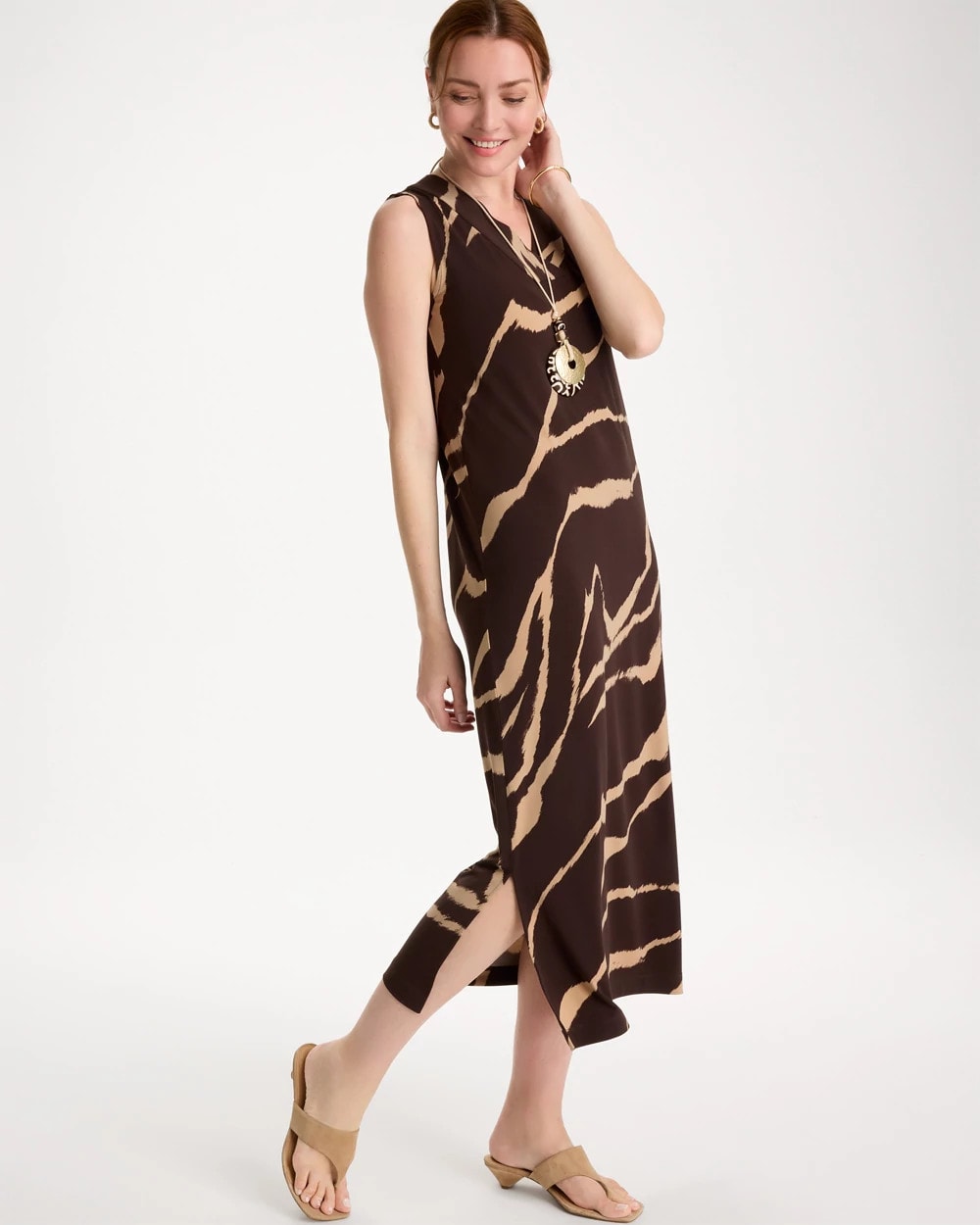 Chico's Customer Favorite - Travelers™ Zebra Double V-Neck Maxi Dress Cocoa Bean