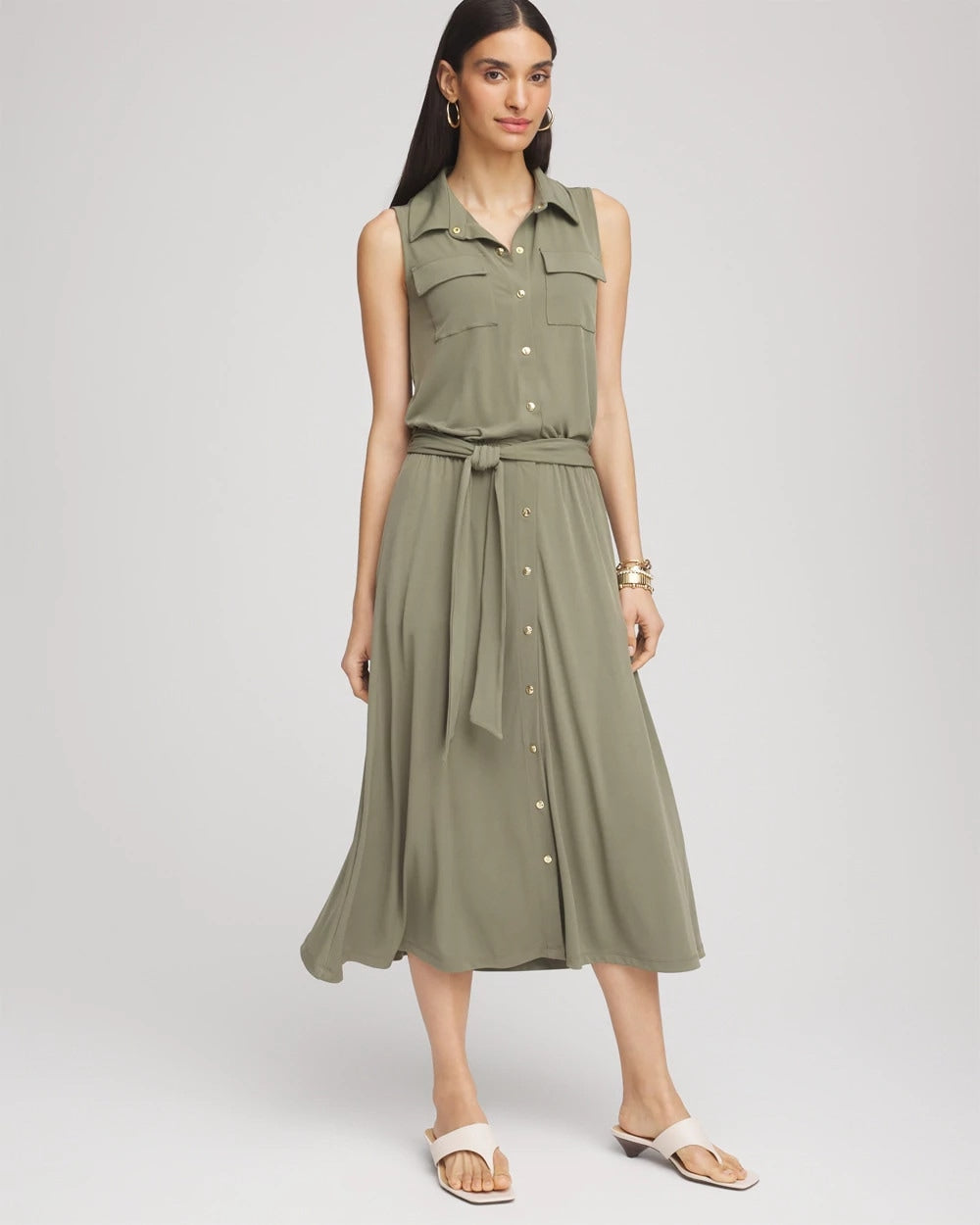 Chico's Sale - Travelers™ Knit Sleeveless Shirtdress Dusty Olive