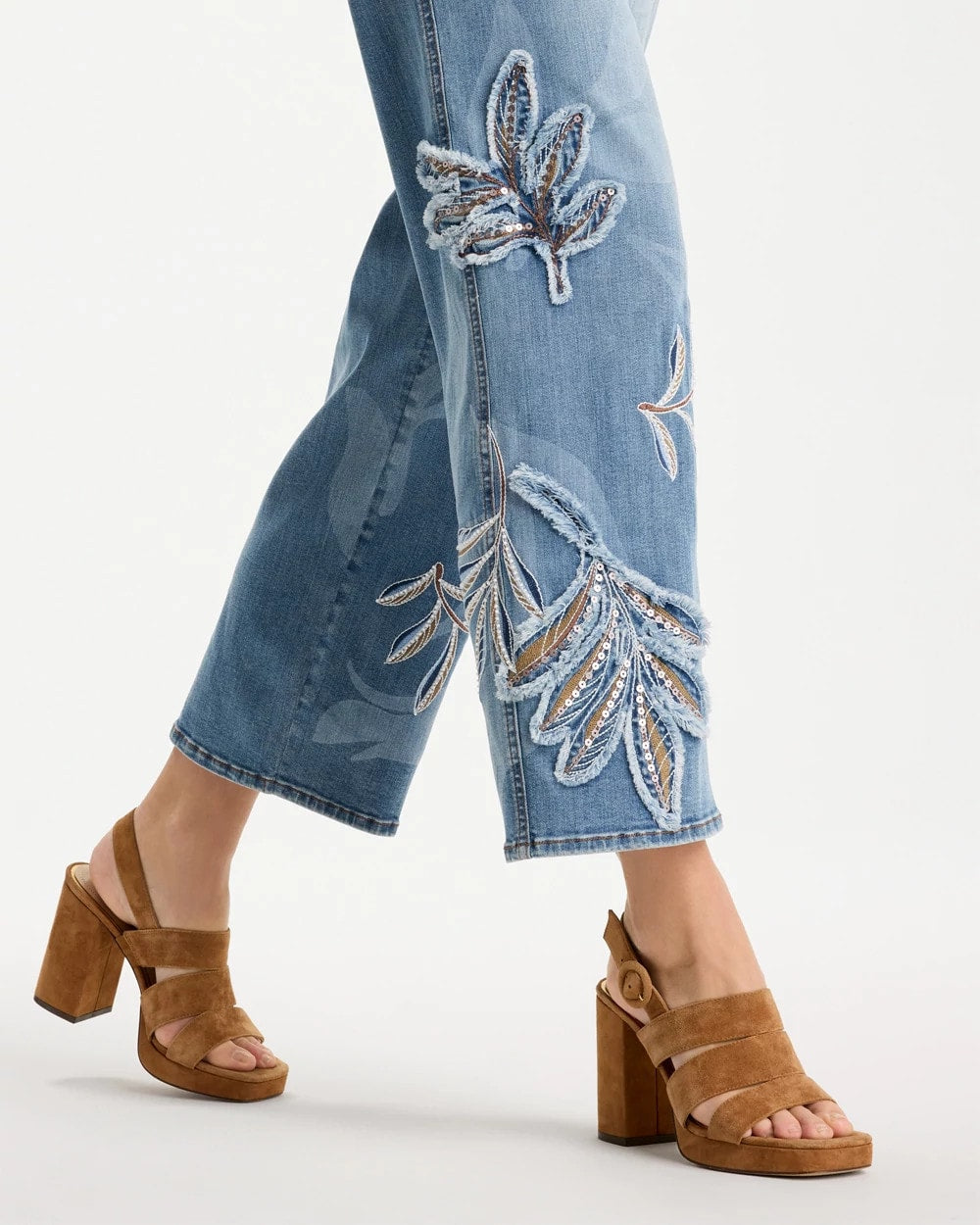 Chico's Sale - Tropical Embroidery Pull-On Wide Crop Jean Pashmina Indigo