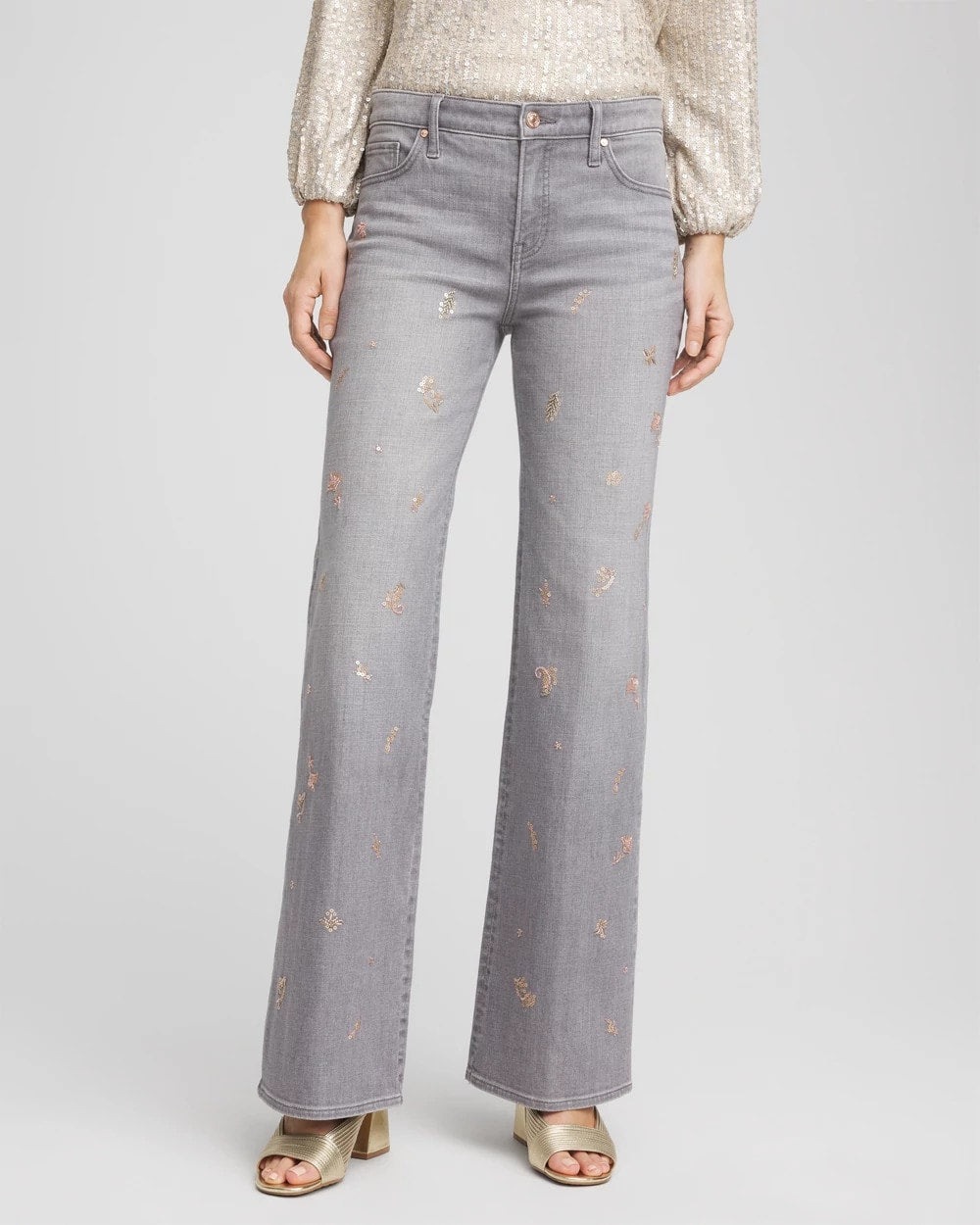 Chico's Great Value - Rose Gold Embellished Girlfriend Flared Jeans Le Havre Wash