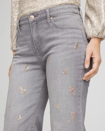 Chico's Great Value - Rose Gold Embellished Girlfriend Flared Jeans Le Havre Wash