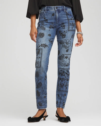 Chico's Smart Buy - Mixed-Media Girlfriend Slim Ankle Jeans Emilia Indigo