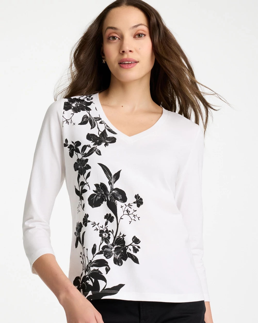 Chico's Trending - Printed Cotton Stretch 3/4 Sleeve Tee Black