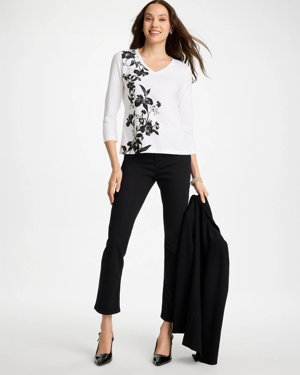 Chico's Trending - Printed Cotton Stretch 3/4 Sleeve Tee Black