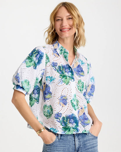 Chico's Value - Floral Paisley Eyelet Blouse Passport Blue