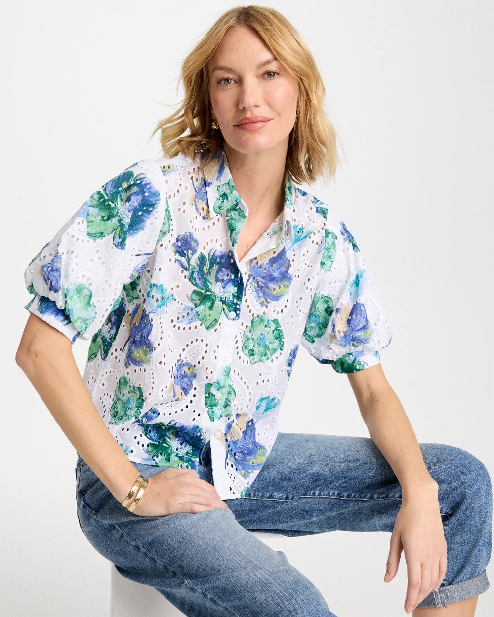 Chico's Value - Floral Paisley Eyelet Blouse Passport Blue