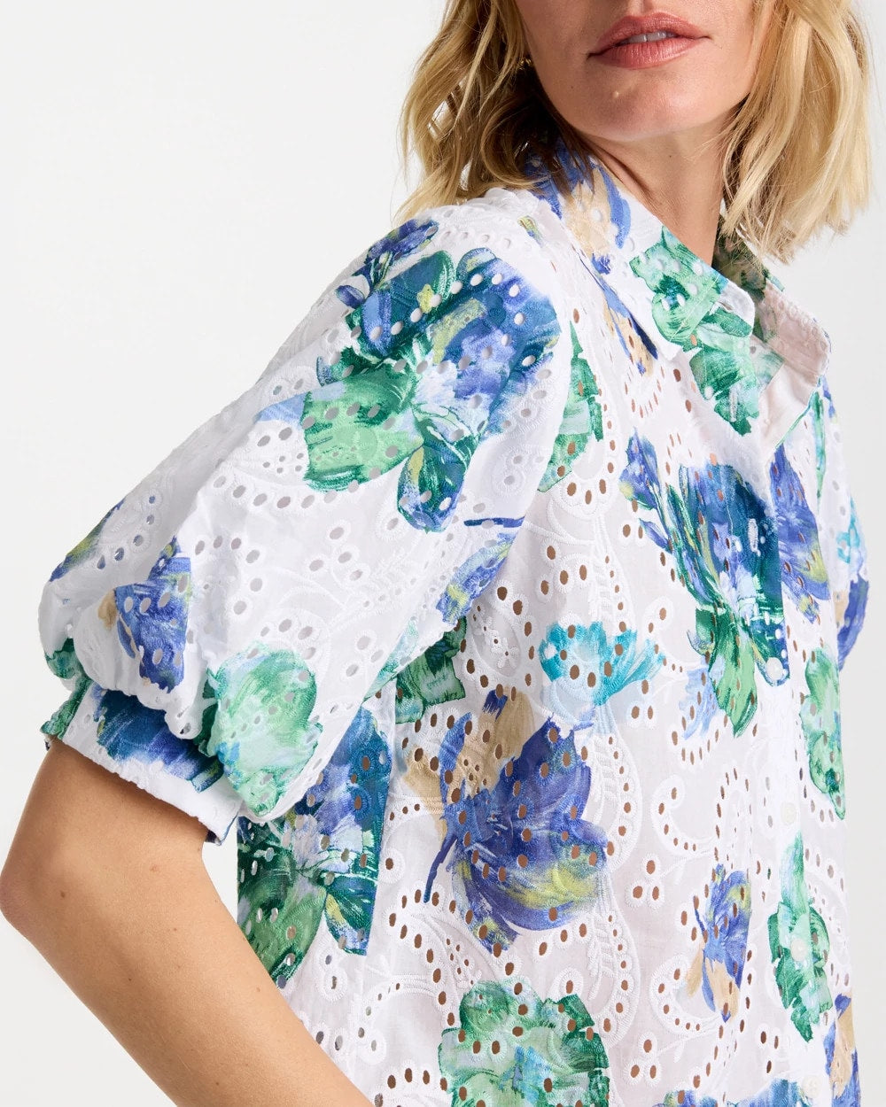 Chico's Value - Floral Paisley Eyelet Blouse Passport Blue