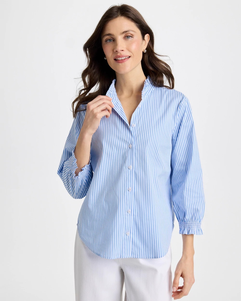 Chico's Best Seller - Striped Poplin Ruffle Neck Shirt Tidal Blue
