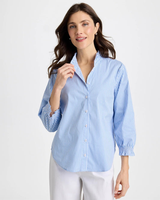 Chico's Best Seller - Striped Poplin Ruffle Neck Shirt Tidal Blue