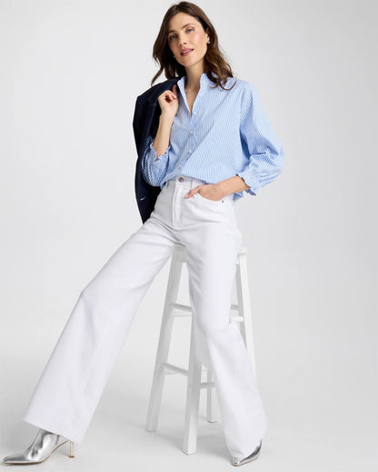 Chico's Best Seller - Striped Poplin Ruffle Neck Shirt Tidal Blue