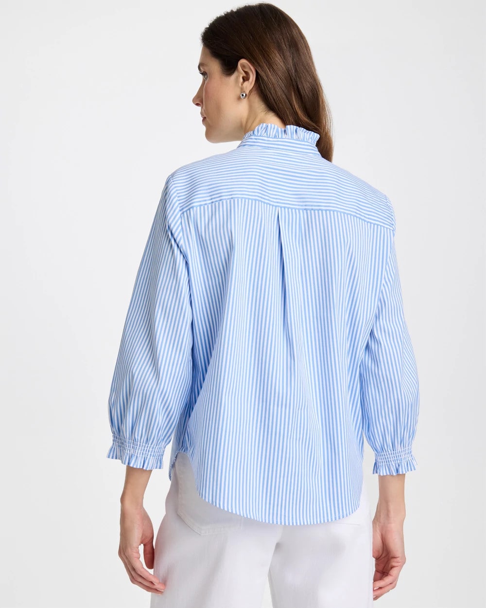 Chico's Best Seller - Striped Poplin Ruffle Neck Shirt Tidal Blue