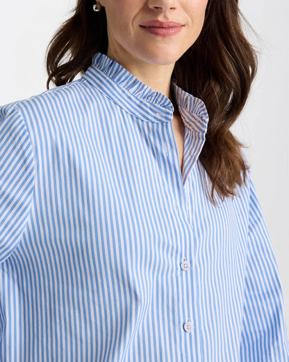 Chico's Best Seller - Striped Poplin Ruffle Neck Shirt Tidal Blue