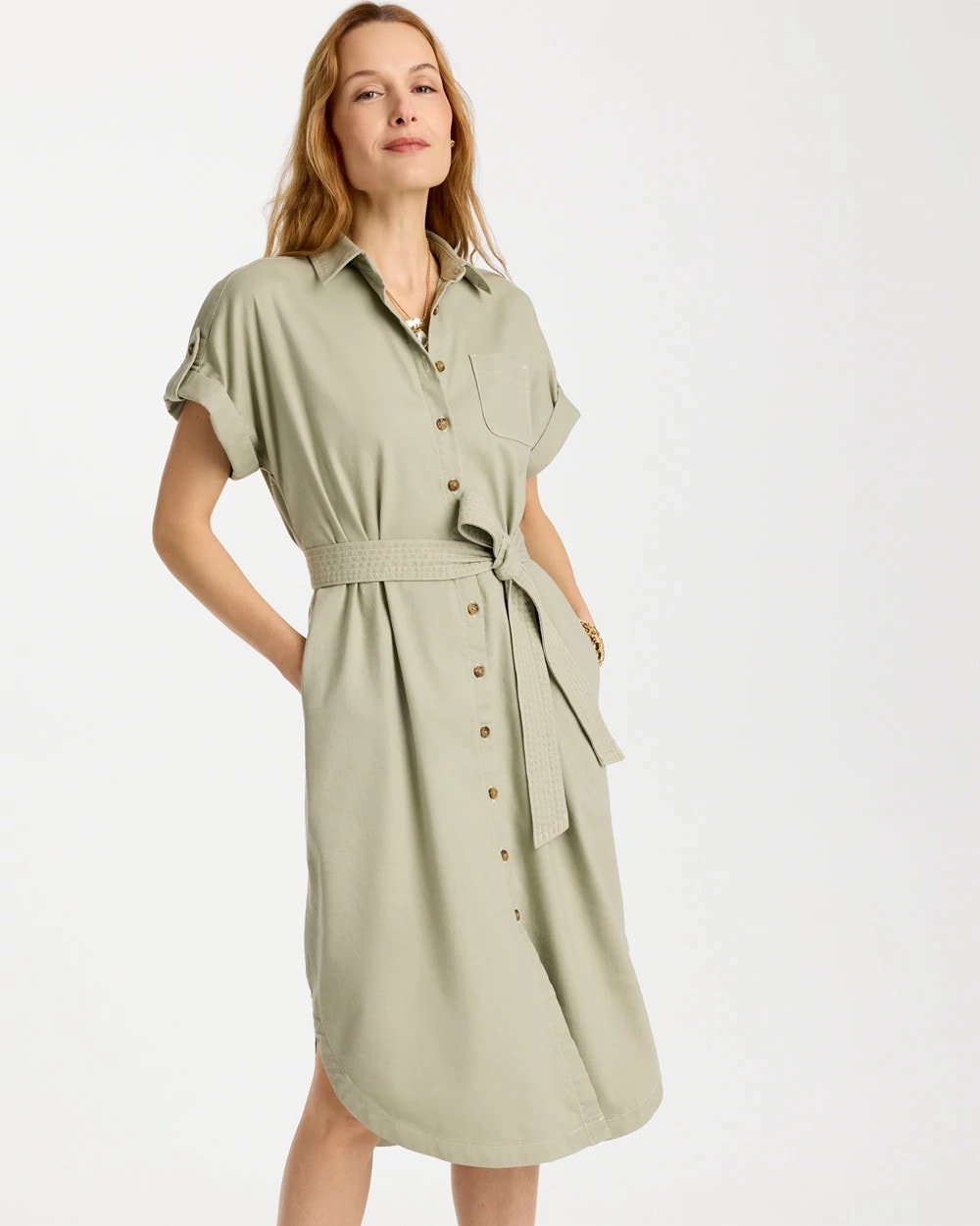 Chico's Top Pick - Dolman Tie Hemp Denim Shirtdress Seagrass Green