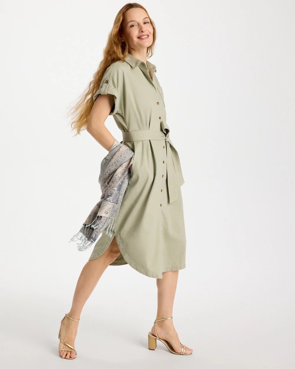 Chico's Top Pick - Dolman Tie Hemp Denim Shirtdress Seagrass Green