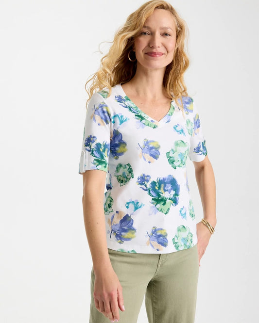 Chico's Featured - Printed Cotton Slub V-Neck Tee Passport Blue