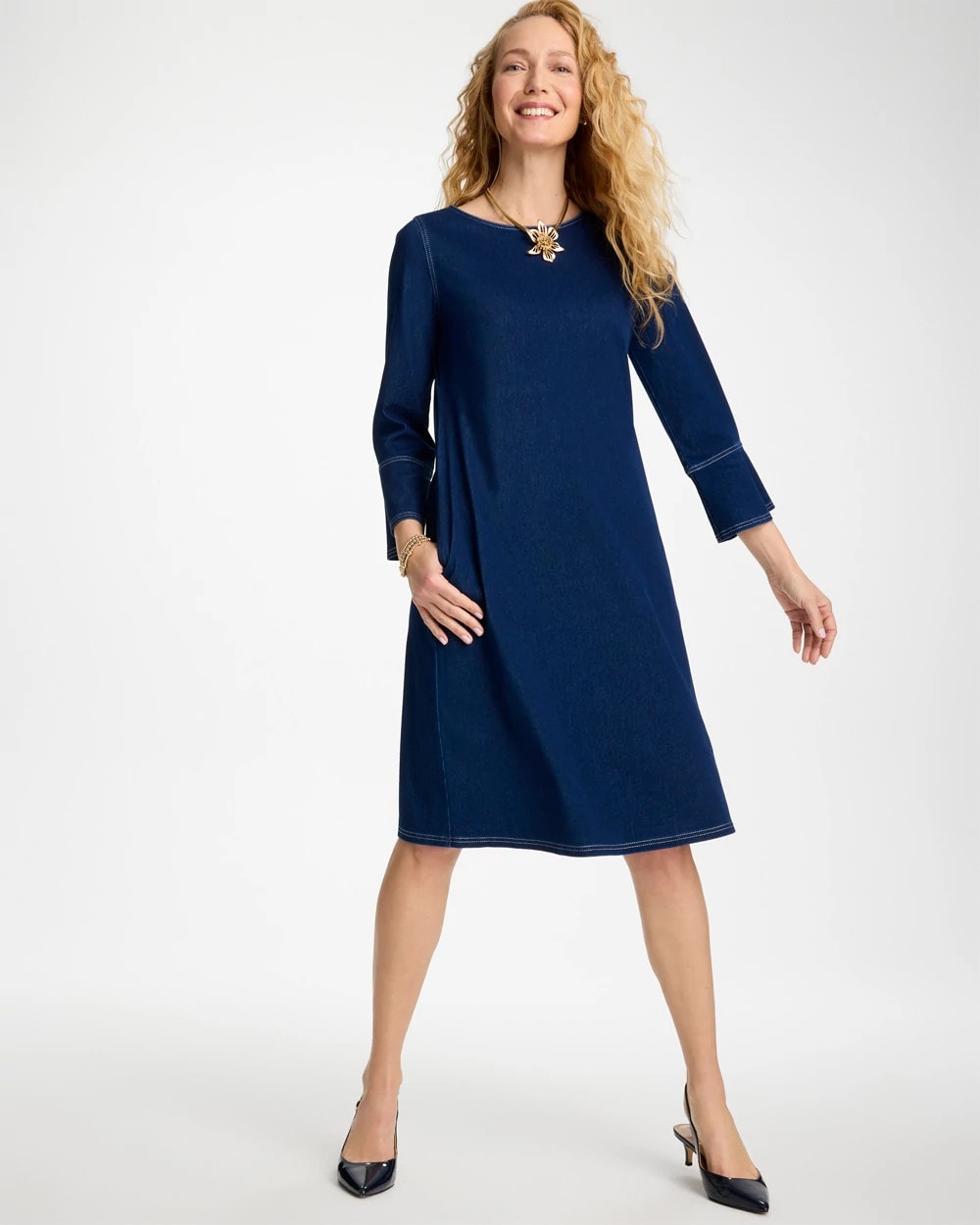 Chico's Hot Sale - Bell Sleeve Knit Denim Dress Indigo
