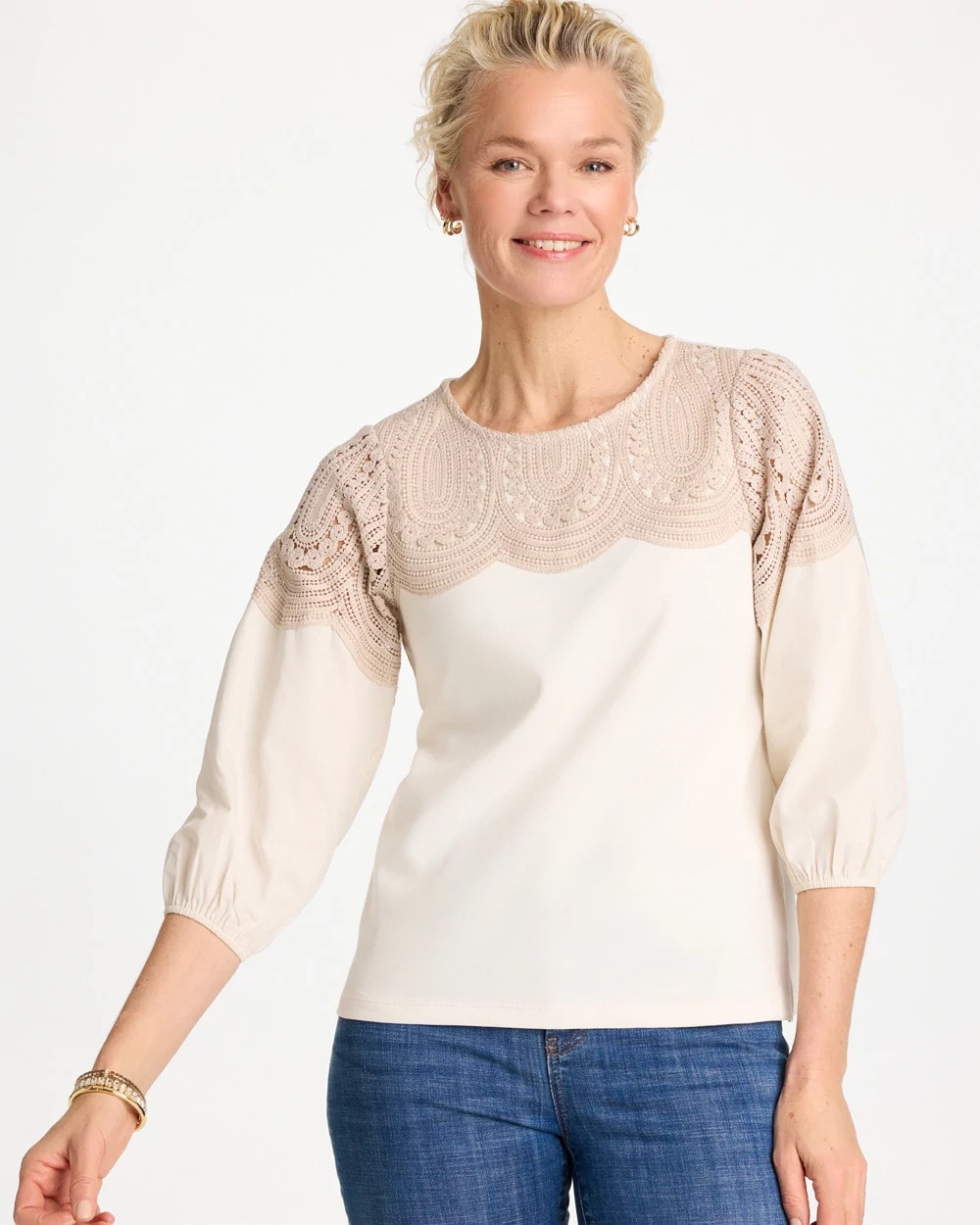 Chico's Everyday - Lace Crochet Sleeve Tee Ecru