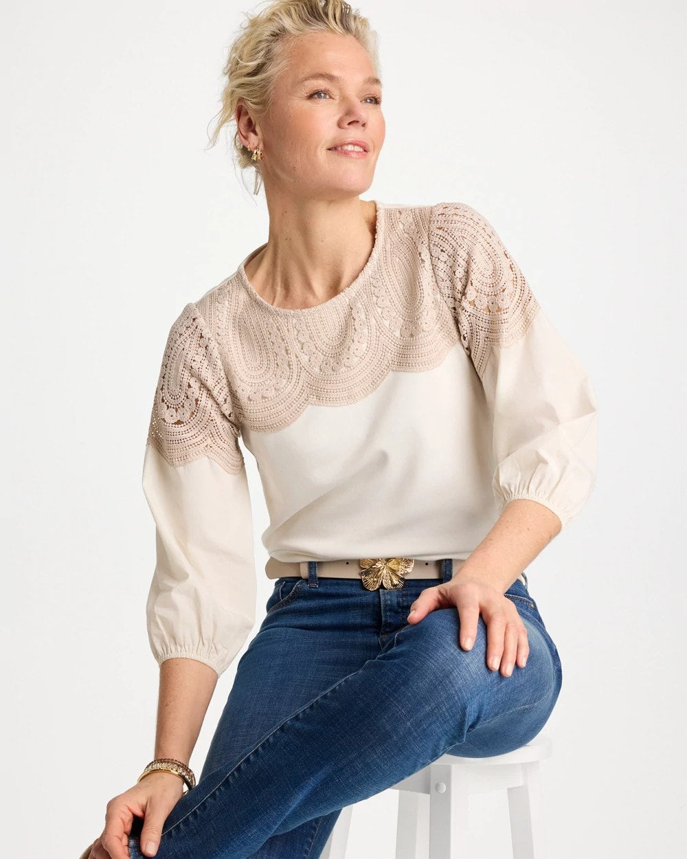 Chico's Everyday - Lace Crochet Sleeve Tee Ecru