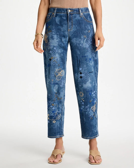 Chico's Trusted - Relaxed Embroidered Boyfriend Jean Daphne Indigo