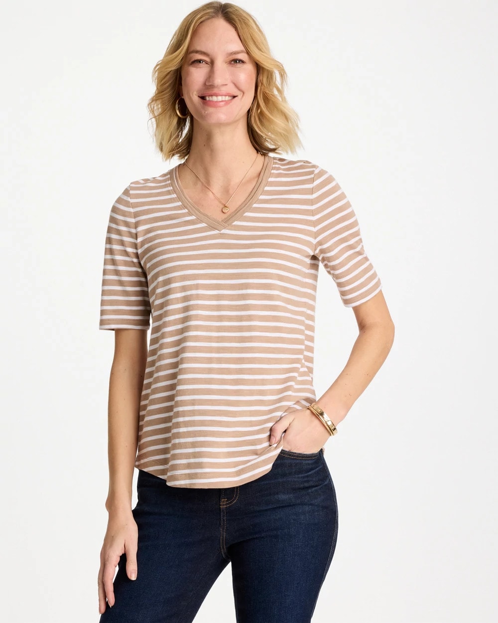Chico's Best Price - Striped Cotton Slub V-Neck Tee Cattail Brown