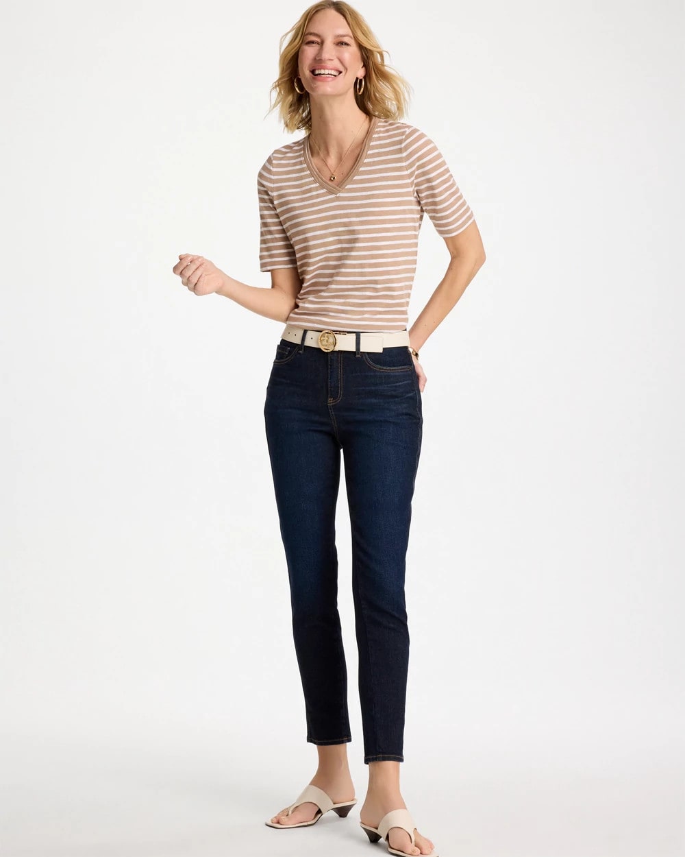 Chico's Best Price - Striped Cotton Slub V-Neck Tee Cattail Brown