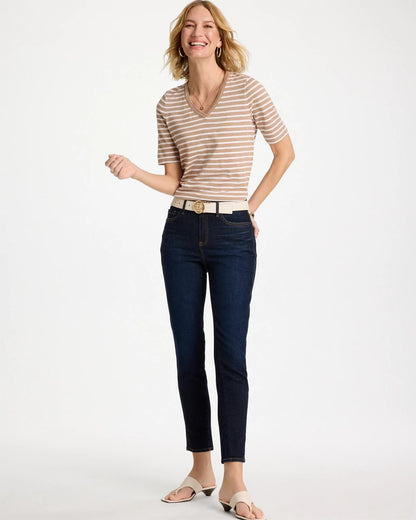 Chico's Best Price - Striped Cotton Slub V-Neck Tee Cattail Brown