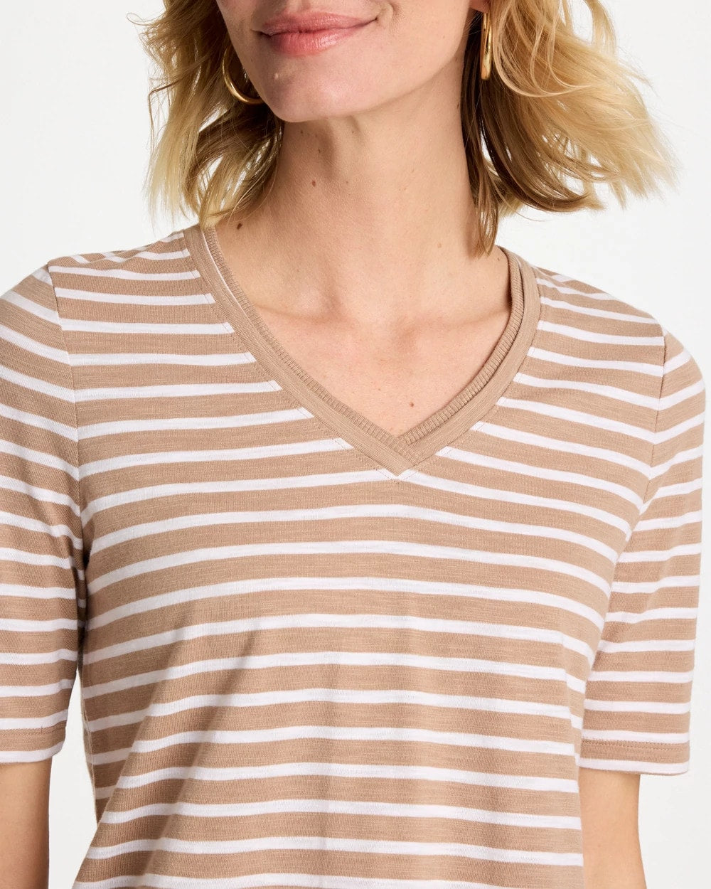 Chico's Best Price - Striped Cotton Slub V-Neck Tee Cattail Brown