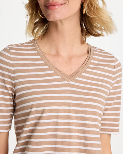 Chico's Best Price - Striped Cotton Slub V-Neck Tee Cattail Brown