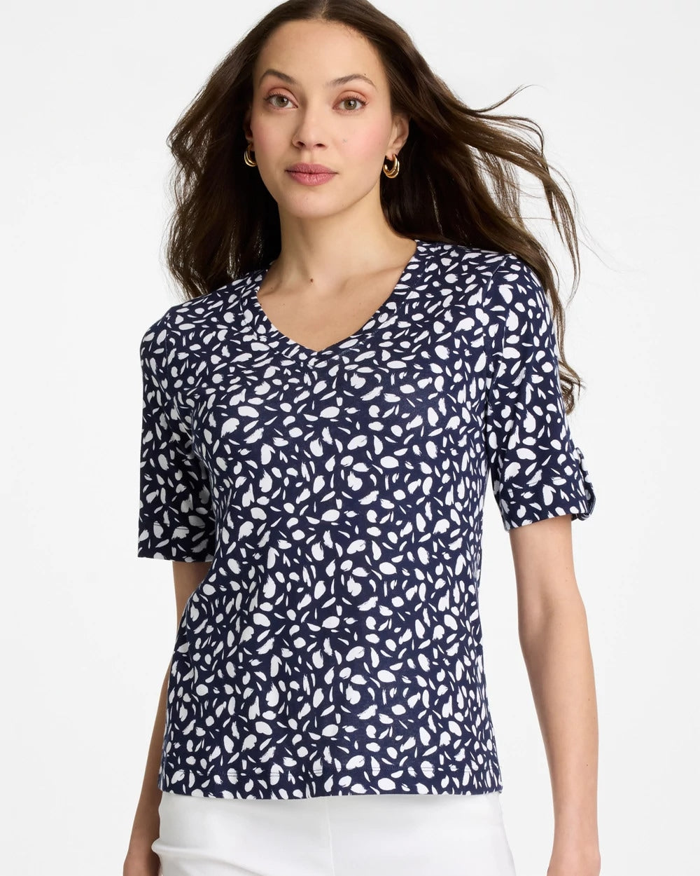 Chico's Recommended - Printed Pima V-Neck Tee Passport Blue