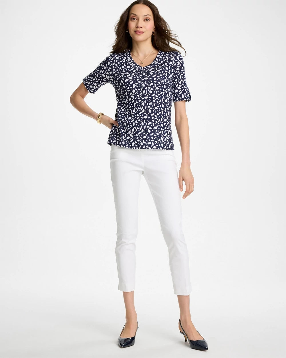 Chico's Recommended - Printed Pima V-Neck Tee Passport Blue