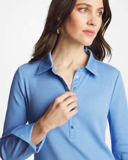 Chico's Trusted - Knit Woven Mix Rib Henley Tidal Blue