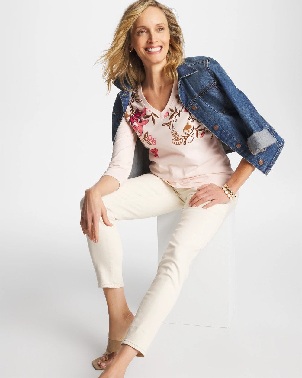 Chico's Trending - Stretch-Cotton 3/4 Sleeve Perfect Tee Siesta Rose