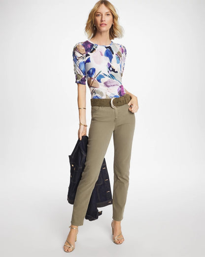 Chico's Customer Favorite - Geo Blur Ruched Sleeve Tee Passport Blue