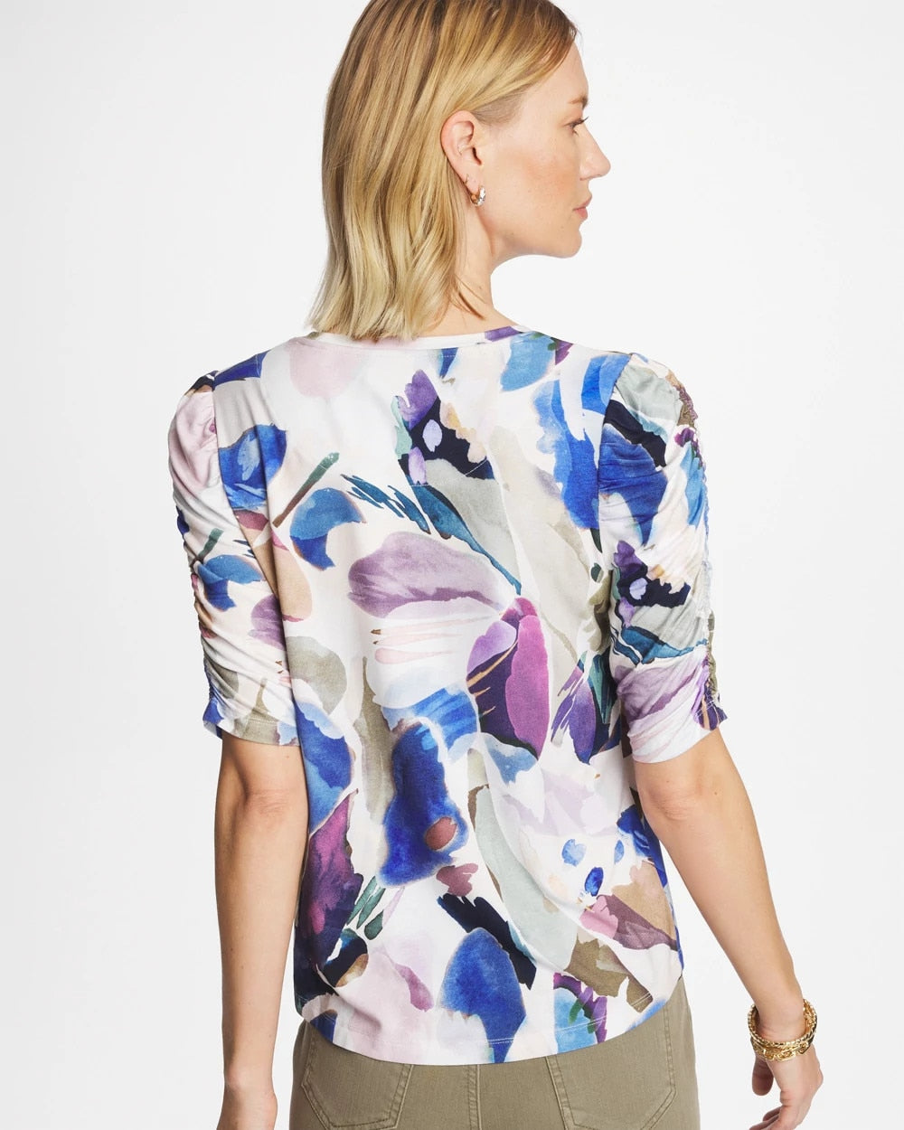 Chico's Customer Favorite - Geo Blur Ruched Sleeve Tee Passport Blue
