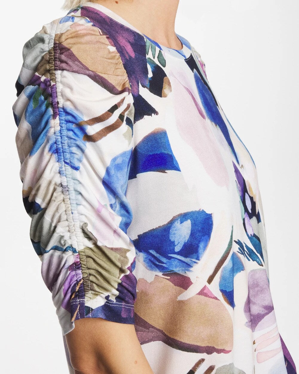 Chico's Customer Favorite - Geo Blur Ruched Sleeve Tee Passport Blue