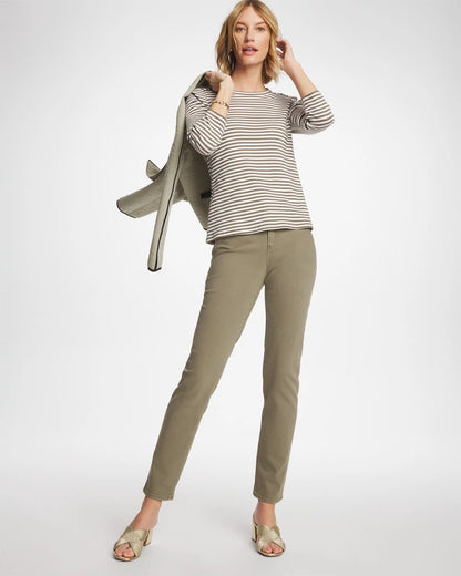 Chico's Essential - Striped Ribbed Button Crewneck Tee Lichen