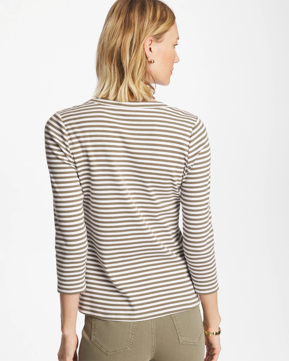 Chico's Essential - Striped Ribbed Button Crewneck Tee Lichen