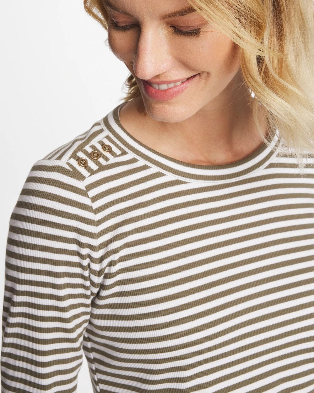 Chico's Essential - Striped Ribbed Button Crewneck Tee Lichen