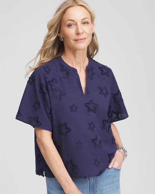 Chico's Great Value - Embroidered Star Split Neck Blouse Passport Blue