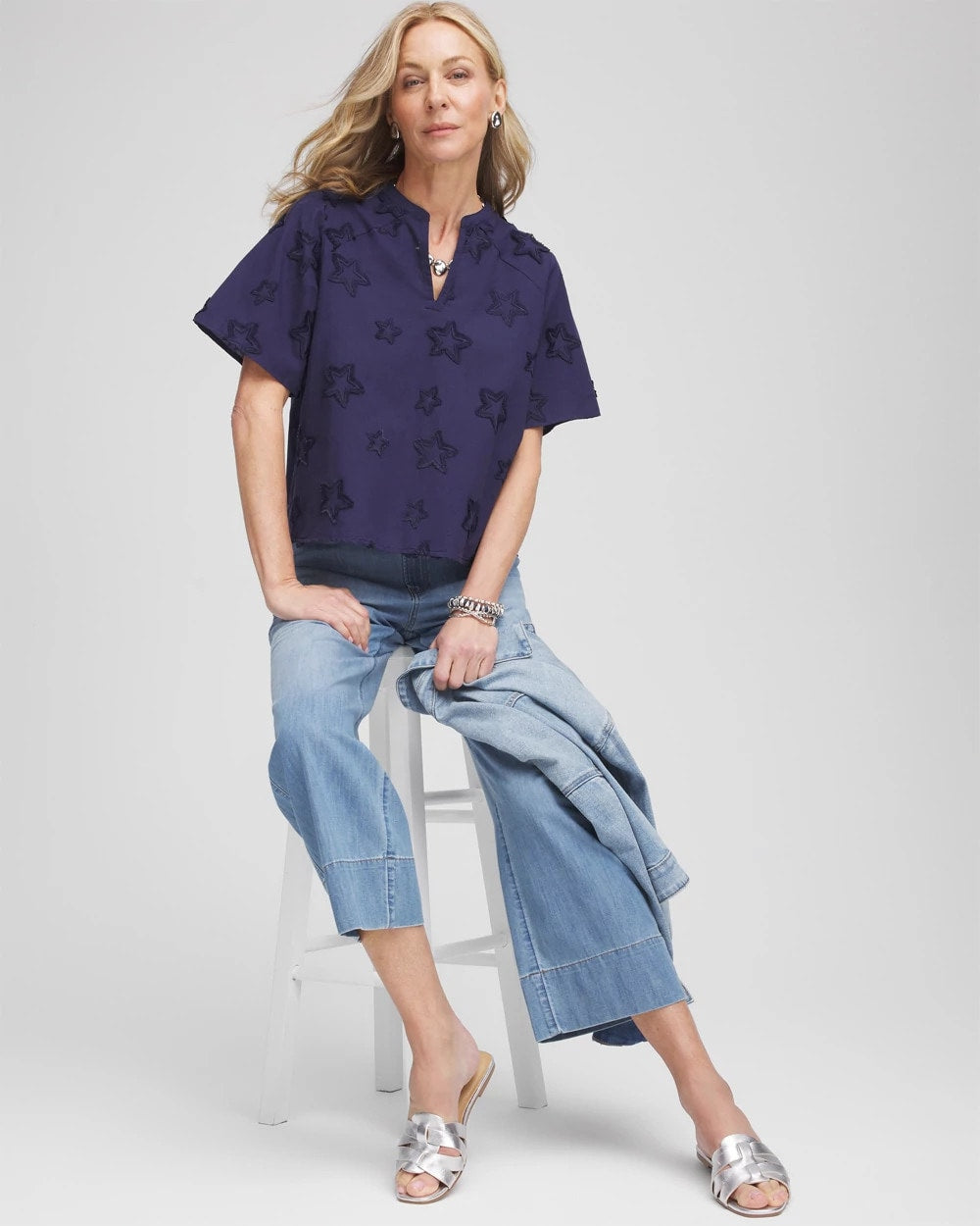 Chico's Great Value - Embroidered Star Split Neck Blouse Passport Blue