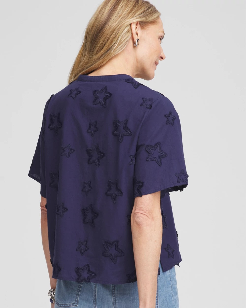 Chico's Great Value - Embroidered Star Split Neck Blouse Passport Blue