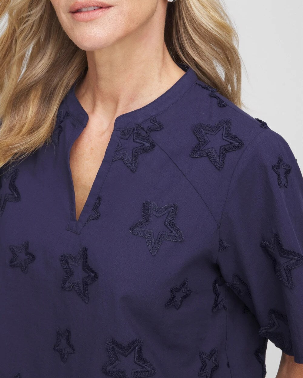 Chico's Great Value - Embroidered Star Split Neck Blouse Passport Blue