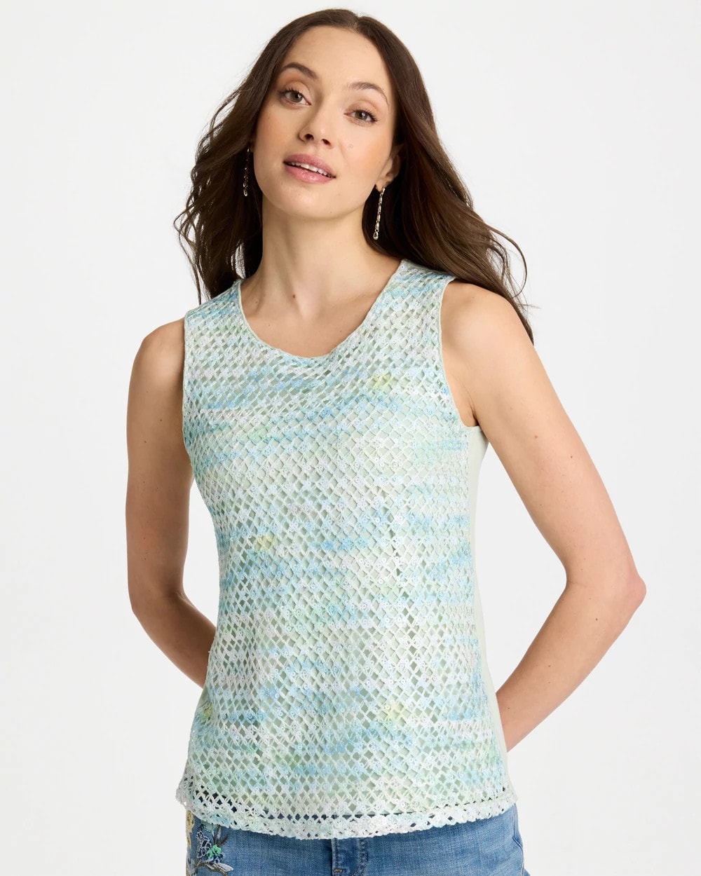 Chico's Classic - Mermaid Sequin Mesh Crochet Tank Blue Orchid