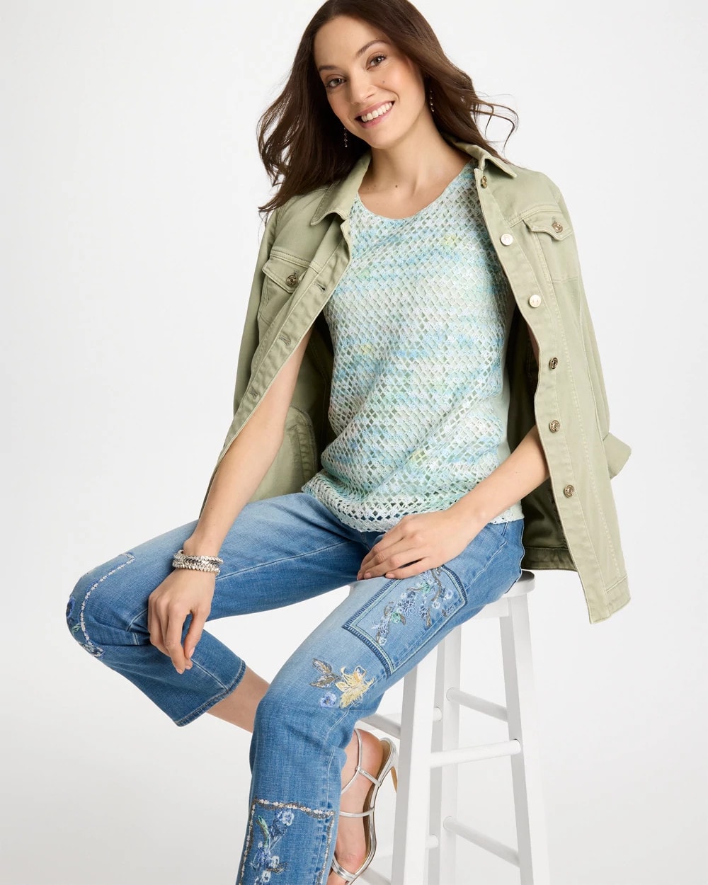 Chico's Classic - Mermaid Sequin Mesh Crochet Tank Blue Orchid