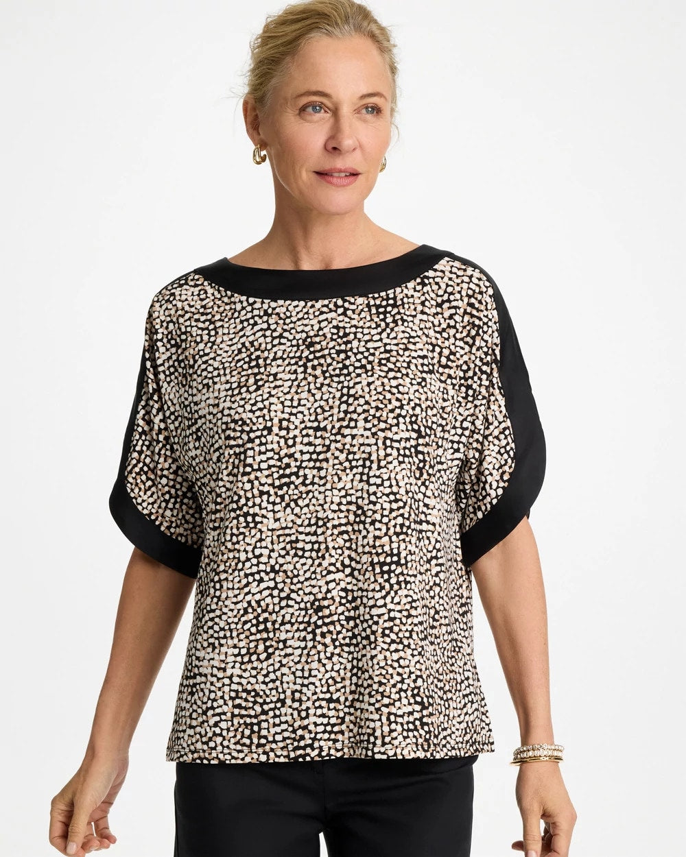 Chico's Signature - Printed Jersey & Satin Dolman Tee Cattail Brown