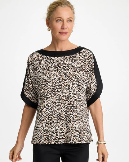 Chico's Signature - Printed Jersey & Satin Dolman Tee Cattail Brown