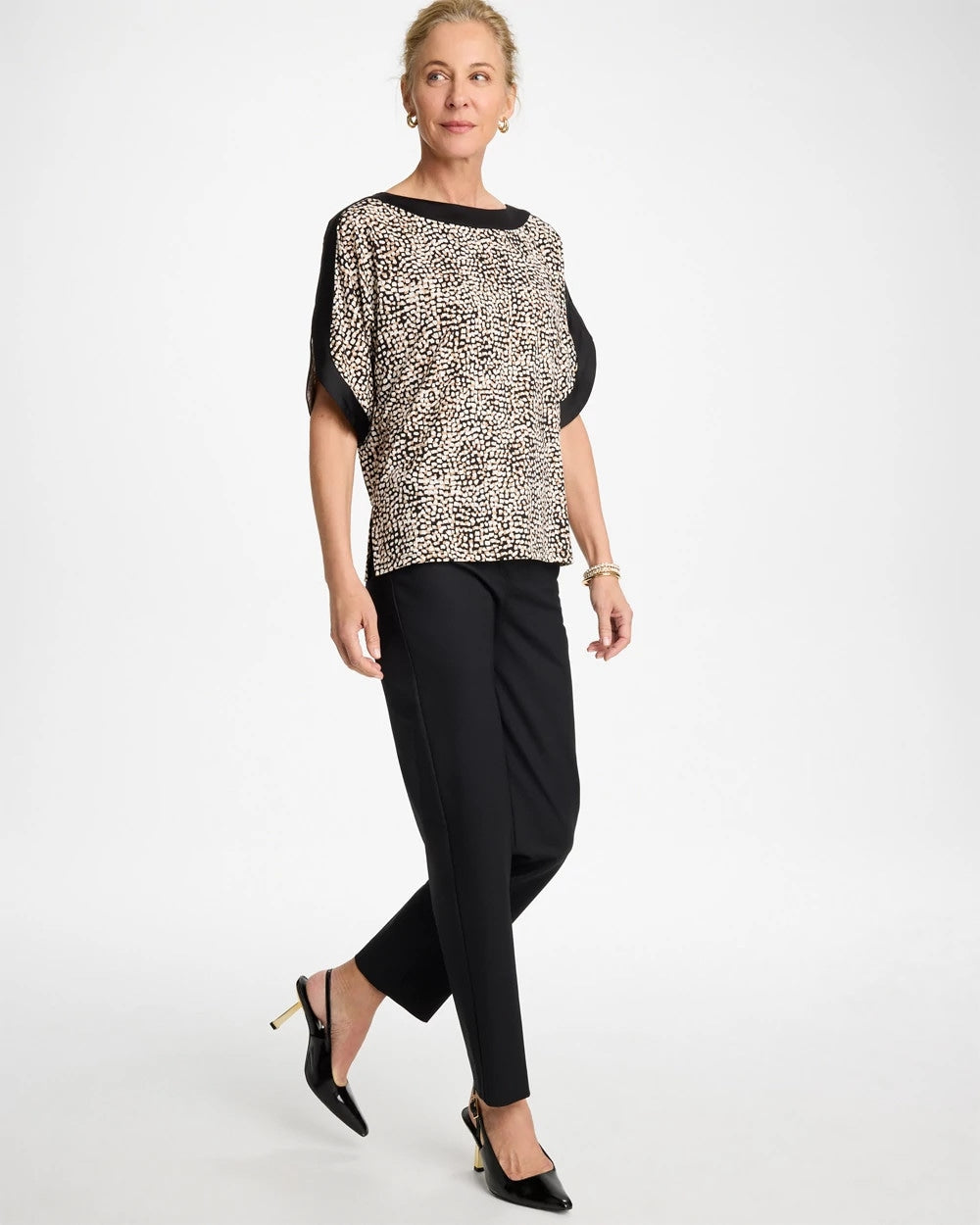 Chico's Signature - Printed Jersey & Satin Dolman Tee Cattail Brown